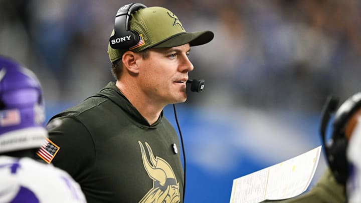 Nov 2, 2025; Detroit, Michigan, USA; Minnesota Vikings head coach Kevin O'Connell looks on during the first quarter against the Detroit Lions at Ford Field.