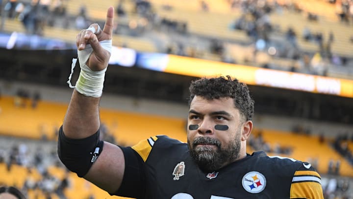 Dec 8, 2024; Pittsburgh, Pennsylvania, USA; Pittsburgh Steelers defensive tackle Cameron Heyward (97) celebrates with fans following a game against the Cleveland Browns at Acrisure Stadium. Mandatory Credit: Barry Reeger-Imagn Images