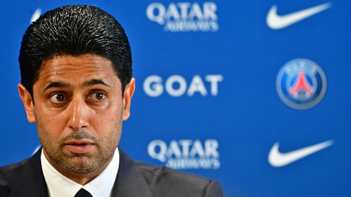 Le Président du Paris Saint-Germain, Nasser Al-Khelaïfi réagit au tirage au sort des huitièmes de finale de la C1. 