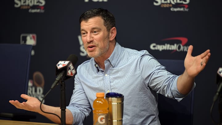 Oct 25, 2024; Los Angeles, California, USA; Los Angeles Dodgers president of baseball operations Andrew Friedman speaks in a press conference before game one against the New York Yankees in the 2024 MLB World Series at Dodger Stadium. Mandatory Credit: Jayne Kamin-Oncea-Imagn Images Oct 25, 2024; Los Angeles, California, USA; Los Angeles Dodgers president of baseball operations Andrew Friedman speaks in a press conference before game one against the New York Yankees in the 2024 MLB World Series at Dodger Stadium. Mandatory Credit: Jayne Kamin-Oncea-Imagn Images