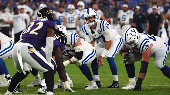 Aug 7, 2025; Baltimore, Maryland, USA; Indianapolis Colts quarterback Daniel Jones (17) runs the offense during the second quarter against the Baltimore Ravens at M&T Bank Stadium. Mandatory Credit: Mitch Stringer-Imagn Images