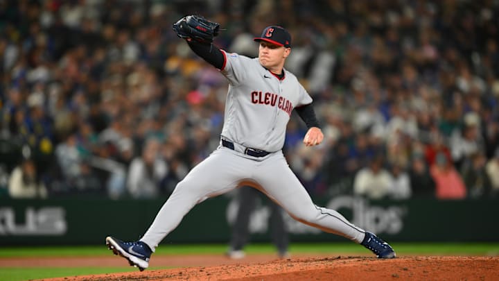 Mar 26, 2026; Seattle, Washington, USA; Cleveland Guardians relief pitcher Erik Sabrowski (62) pitches to the Seattle Mariners during the seventh inning at T-Mobile Park. Mandatory Credit: Steven Bisig-Imagn Images