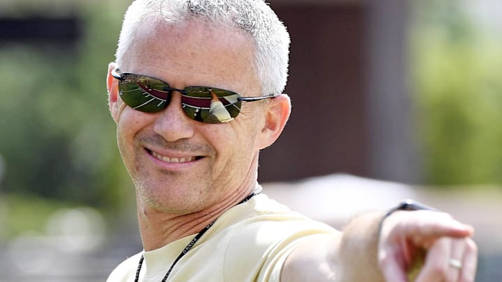Apr 20, 2024; Tallahassee, Florida, USA; Florida State Seminoles head coach Mike Norvell smiles during the Spring Showcase at Doak S. Campbell Stadium. Mandatory Credit: Melina Myers-USA TODAY Sports