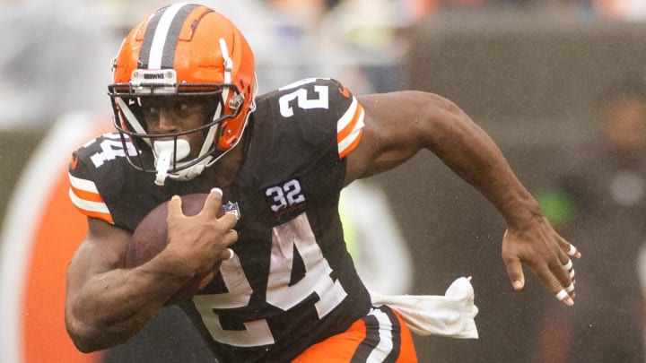 Sep 10, 2023; Cleveland, Ohio, USA; Cleveland Browns running back Nick Chubb (24) runs the ball against the Cincinnati Bengals during the third quarter at Cleveland Browns Stadium. Mandatory Credit: Scott Galvin-USA TODAY Sports Sep 10, 2023; Cleveland, Ohio, USA; Cleveland Browns running back Nick Chubb (24) runs the ball against the Cincinnati Bengals during the third quarter at Cleveland Browns Stadium. Mandatory Credit: Scott Galvin-USA TODAY Sports
