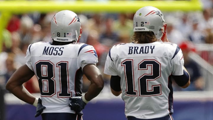 Sep 12, 2010; Foxboro, MA, USA; New England Patriots wide receiver Randy Moss (81) and quarterback Tom Brady (12) on the field during the first half against the Cincinnati Bengals at Gillette Stadium. The Patriots defeated the Bengals 38-24. Mandatory Credit: David Butler II-Imagn Images Sep 12, 2010; Foxboro, MA, USA; New England Patriots wide receiver Randy Moss (81) and quarterback Tom Brady (12) on the field during the first half against the Cincinnati Bengals at Gillette Stadium. The Patriots defeated the Bengals 38-24. Mandatory Credit: David Butler II-Imagn Images