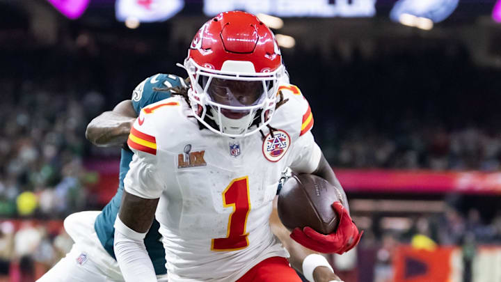 Feb 9, 2025; New Orleans, LA, USA;  Kansas City Chiefs wide receiver Xavier Worthy (1) against the Philadelphia Eagles in Super Bowl LIX at Ceasars Superdome. Mandatory Credit: Mark J. Rebilas-Imagn Images