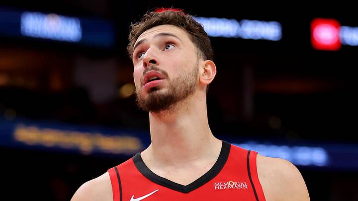 May 1, 2026; Houston, Texas, USA; Houston Rockets center Alperen Sengun (28) reacts after a call against the Los Angeles Lakers during the fourth quarter of game six of the first round of the 2026 NBA Playoffs at Toyota Center. Mandatory Credit: Erik Williams-Imagn Images