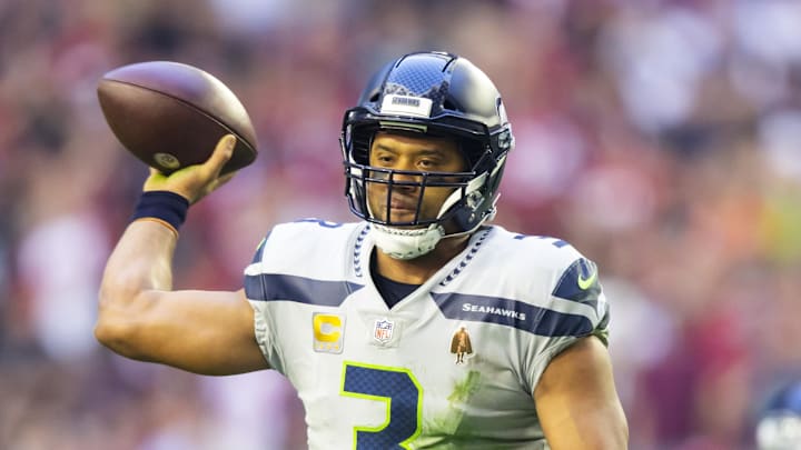 Jan 9, 2022; Glendale, Arizona, USA; Seattle Seahawks quarterback Russell Wilson (3) against the Arizona Cardinals in the first half at State Farm Stadium.