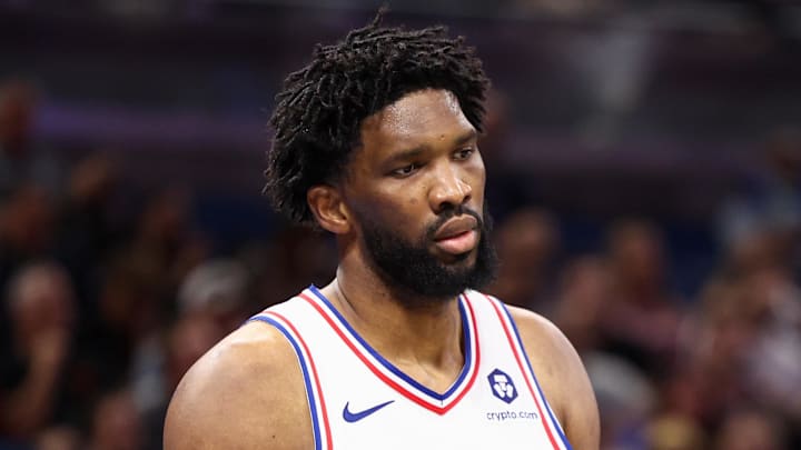 Nov 15, 2024; Orlando, Florida, USA; Philadelphia 76ers center Joel Embiid (21) looks on against the Orlando Magic in the third quarter at Kia Center. Mandatory Credit: Nathan Ray Seebeck-Imagn Images