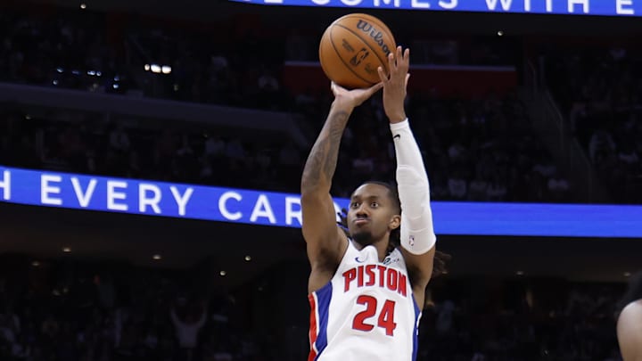 May 7, 2026; Detroit, Michigan, USA; Detroit Pistons guard Daniss Jenkins (24) shoots in the second half against the Cleveland Cavaliers during game two of the second round of the 2026 NBA Playoffs at Little Caesars Arena. Mandatory Credit: Rick Osentoski-Imagn Images