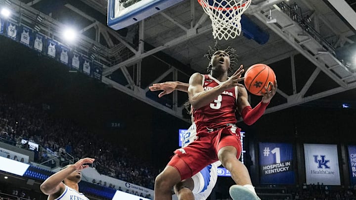 Arkansas Razorbacks forward Adou Thiero (3) got air for this reverse lay-up as he scored a team high 21 points as he helped lead the Razorbacks to a 89-79 win over No.12 Kentucky Saturday Feb. 1, 2025 at Rupp Arena in Lexington, Kentucky.