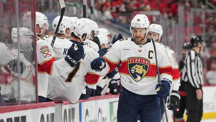 May 22, 2025; Raleigh, North Carolina, USA; Florida Panthers forward Aleksander Barkov (16) celebrates scoring during the third period against the Carolina Hurricanes in game two of the Eastern Conference Final of the 2025 Stanley Cup Playoffs at Lenovo Center. Mandatory Credit: James Guillory-Imagn Images May 22, 2025; Raleigh, North Carolina, USA; Florida Panthers forward Aleksander Barkov (16) celebrates scoring during the third period against the Carolina Hurricanes in game two of the Eastern Conference Final of the 2025 Stanley Cup Playoffs at Lenovo Center. Mandatory Credit: James Guillory-Imagn Images