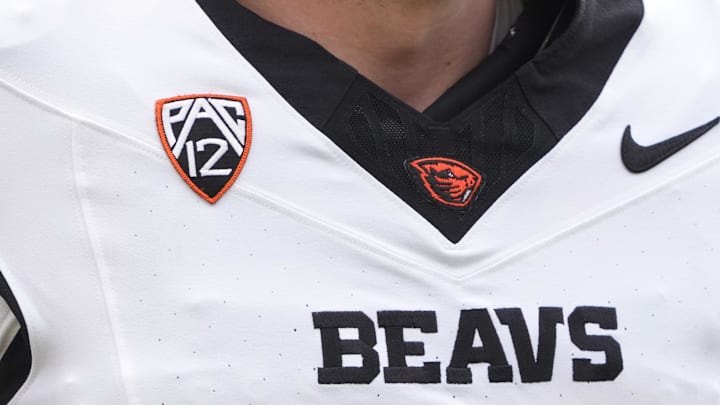Oct 26, 2024; Berkeley, California, USA; A view of the Pac-12 logo on the jersey of Oregon State Beavers punter Josh Green (37) during the second quarter against the California Golden Bears at California Memorial Stadium. Mandatory Credit: Darren Yamashita-Imagn Images