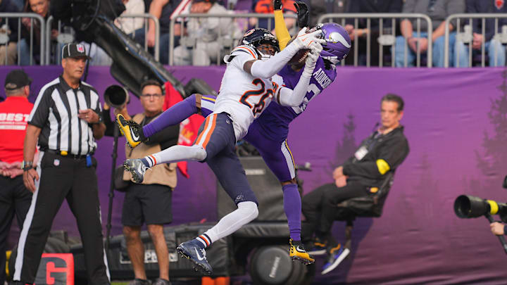 Nahshon Wright comes down with the interception against the Vikings. The Bears have needed takeaways because of their high rate of big plays allowed.