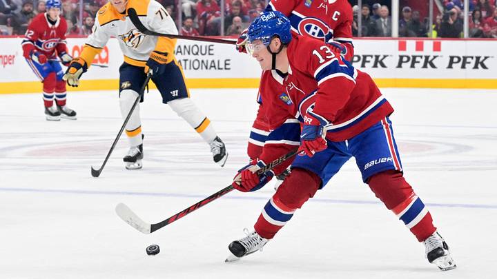 Montreal Canadiens forward Cole Caufield (13) takes a shot on net during the second period against the Nashville Predators at the Bell Centre. Mandatory Credit: Eric Bolte-Imagn Images Montreal Canadiens forward Cole Caufield (13) takes a shot on net during the second period against the Nashville Predators at the Bell Centre. Mandatory Credit: Eric Bolte-Imagn Images