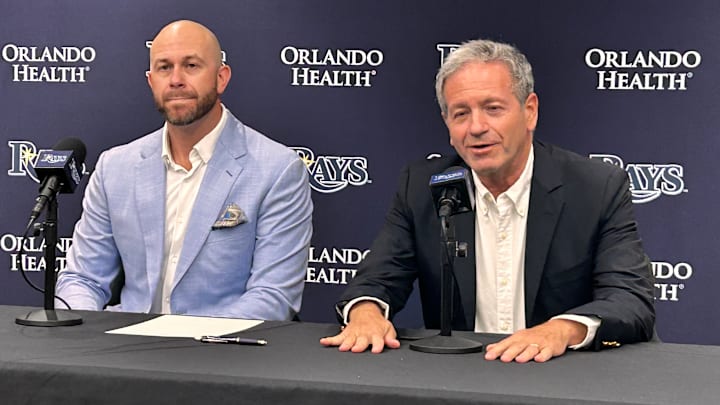 Former Rays great Evan Longoria (left) and owner Stuart Sternberg talk about Longoria's career after he 'retired' Saturday. Former Rays great Evan Longoria (left) and owner Stuart Sternberg talk about Longoria's career after he 'retired' Saturday.