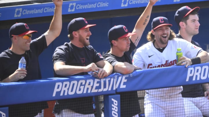 Jul 6, 2024; Cleveland, Ohio, USA; The Cleveland Guardians celebrate in the in the second inning against the San Francisco Giants at Progressive Field. Mandatory Credit: David Richard-USA TODAY Sports Jul 6, 2024; Cleveland, Ohio, USA; The Cleveland Guardians celebrate in the in the second inning against the San Francisco Giants at Progressive Field. Mandatory Credit: David Richard-USA TODAY Sports