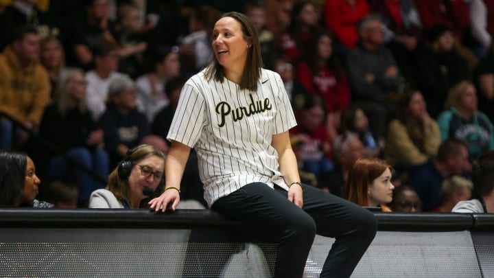 Purdue Boilermakers women's basketball coach Katie Gearlds watches her players Purdue Boilermakers women's basketball coach Katie Gearlds watches her players