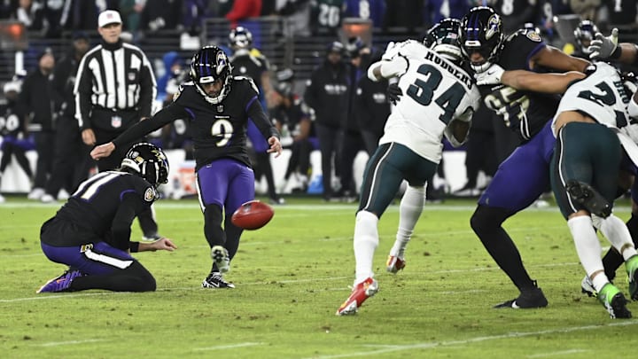 Dec 1, 2024; Baltimore, Maryland, USA; Baltimore Ravens place kicker Justin Tucker (9) kicks a 50-yard field goal with three seconds left the first half against the Philadelphia Eagles at M&T Bank Stadium. Mandatory Credit: Tommy Gilligan-Imagn Images Dec 1, 2024; Baltimore, Maryland, USA; Baltimore Ravens place kicker Justin Tucker (9) kicks a 50-yard field goal with three seconds left the first half against the Philadelphia Eagles at M&T Bank Stadium. Mandatory Credit: Tommy Gilligan-Imagn Images