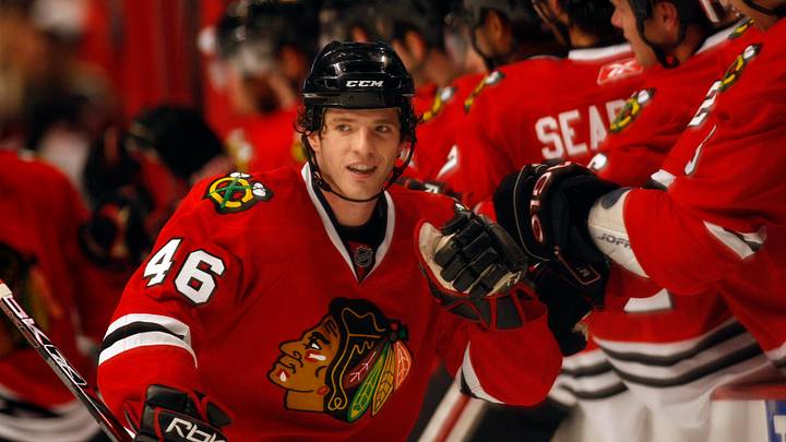 Oct 15, 2008; Chicago, IL, USA; Chicago Blackhawks center Colin Fraser (46) celebrates his first career NHL goal during the third period against the Phoenix Coyotes at the United Center. The Blackhawks beat the Coyotes 4-1. Mandatory Credit: Jerry Lai-USA TODAY Sports