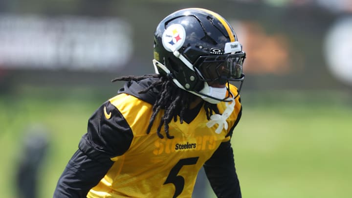 Jul 24, 2025; Latrobe, PA, USA; Pittsburgh Steelers cornerback Jalen Ramsey (5) participates in drills during training camp at Saint Vincent College. Mandatory Credit: Charles LeClaire-Imagn Images Jul 24, 2025; Latrobe, PA, USA; Pittsburgh Steelers cornerback Jalen Ramsey (5) participates in drills during training camp at Saint Vincent College. Mandatory Credit: Charles LeClaire-Imagn Images