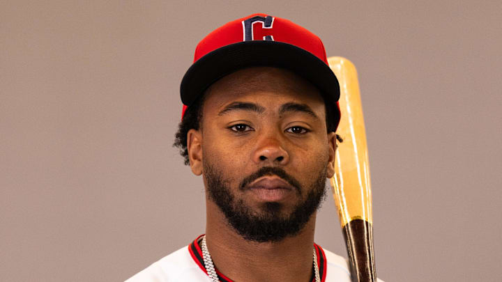 Feb 19, 2026; Goodyear, AZ, USA; Cleveland Guardians left fielder Kahlil Watson (71) during media day in Goodyear. Mandatory Credit: Arianna Grainey-Imagn Images