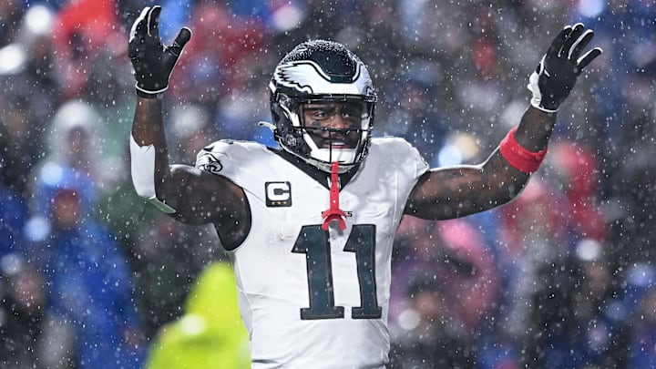 Dec 28, 2025; Orchard Park, New York, USA; Philadelphia Eagles wide receiver A.J. Brown (11) during a timeout in the third quarter against the Buffalo Bills at Highmark Stadium.