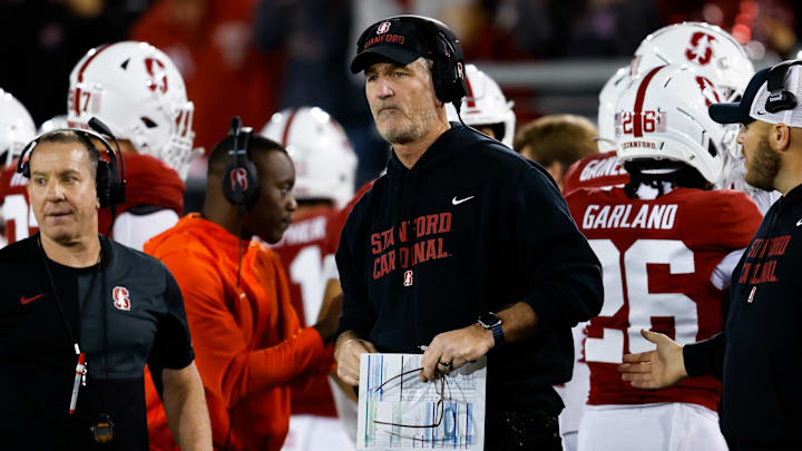 Nov 22, 2025; Stanford, California, USA; Stanford Cardinal head coach Frank Reich looks on during the second quarter against the California Golden Bears at Stanford Stadium. Mandatory Credit: Sergio Estrada-Imagn Images