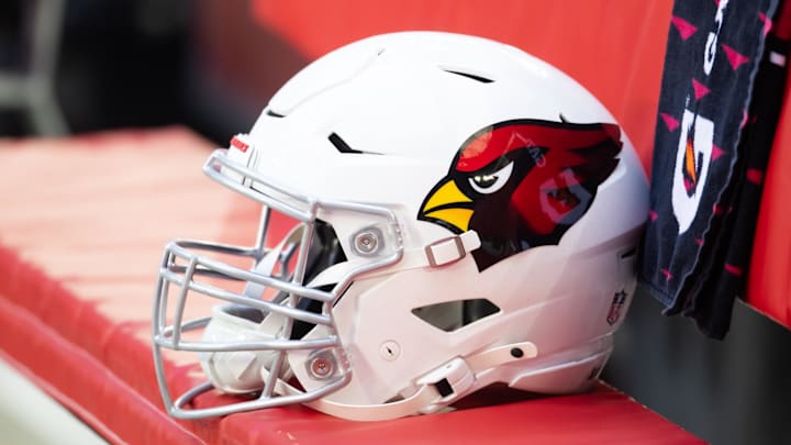 Jan 5, 2025; Glendale, Arizona, USA; Detailed view of an Arizona Cardinals helmet at State Farm Stadium. Mandatory Credit: Mark J. Rebilas-Imagn Images