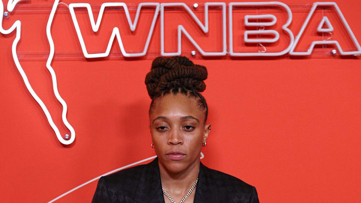Former Bishop McNamara star Madison Scott on the orange carpet before the 2025 WNBA Draft at The Shed at Hudson Yards.