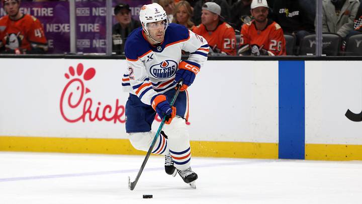 Apr 24, 2026; Anaheim, California, USA; Edmonton Oilers defenseman Evan Bouchard (2) skates with the puck during the third period against the Anaheim Ducks in game three of the first round of the 2026 Stanley Cup Playoffs at Honda Center. Mandatory Credit: Kiyoshi Mio-Imagn Images Apr 24, 2026; Anaheim, California, USA; Edmonton Oilers defenseman Evan Bouchard (2) skates with the puck during the third period against the Anaheim Ducks in game three of the first round of the 2026 Stanley Cup Playoffs at Honda Center. Mandatory Credit: Kiyoshi Mio-Imagn Images