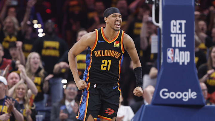 May 7, 2025; Oklahoma City, Oklahoma, USA; Oklahoma City Thunder guard Aaron Wiggins (21) celebrates after scoring against the Denver Nuggets in the second quarter during game two of the second round for the 2025 NBA Playoffs at Paycom Center. May 7, 2025; Oklahoma City, Oklahoma, USA; Oklahoma City Thunder guard Aaron Wiggins (21) celebrates after scoring against the Denver Nuggets in the second quarter during game two of the second round for the 2025 NBA Playoffs at Paycom Center.
