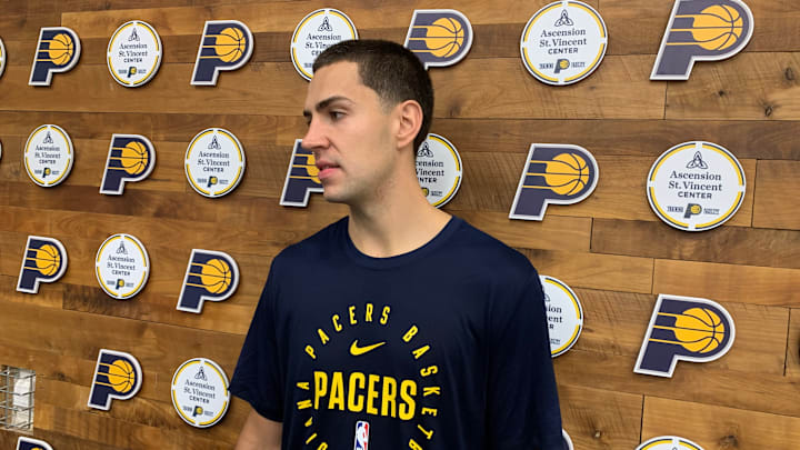 Indiana Pacers wing Cole Swider speaks with reporters after a practice on October 2, 2024. (Mandatory Photo Credit: Pacers On SI)