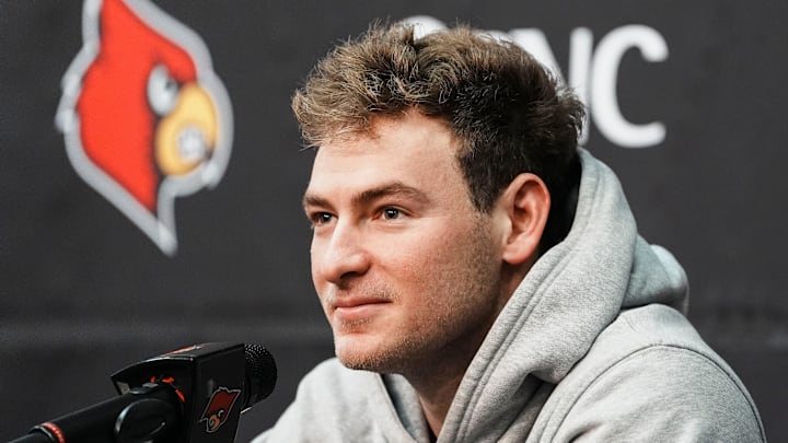 USC quarterback transfer Miller Moss talks to the media Feb. 18, 2025. Moss passed for 3,469 yards and 27 touchdowns in four seasons with the Trojans. Moss will be counted on to lead the Cardinals for the 2025 season. 