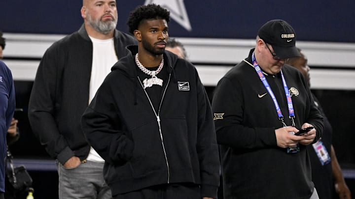 Jan 30, 2025; Arlington, TX, USA; West quarterback Shedeur Sanders of Colorado (2) looks on from the sidelines during the first half against the East at AT&T Stadium. Mandatory Credit: Jerome Miron-Imagn Images