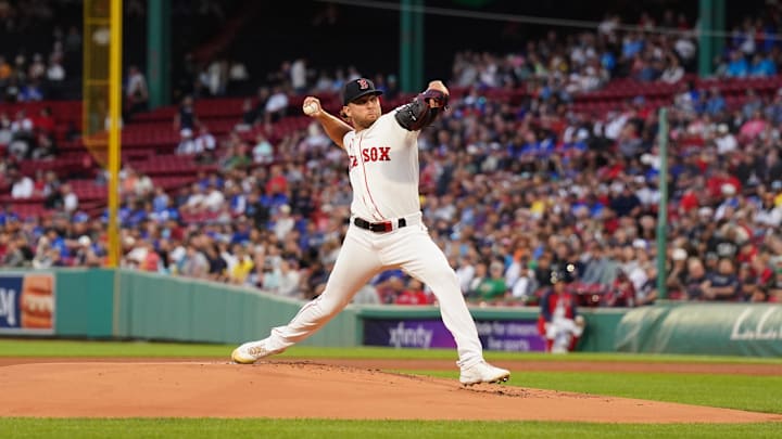 Aug 29, 2024; Boston, Massachusetts, USA; Boston Red Sox starting pitcher Kutter Crawford (50) throws a pitch against the Toronto Blue Jays in the first inning at Fenway Park. Mandatory Credit: David Butler II-Imagn Images