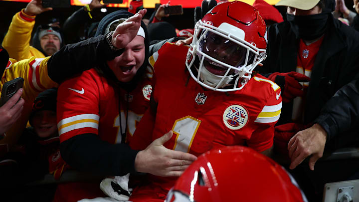 Kansas City Chiefs wide receiver Xavier Worthy (1) reacts with fans after a touchdown against the Buffalo Bills during the first half in the AFC Championship game at GEHA Field at Arrowhead Stadium.