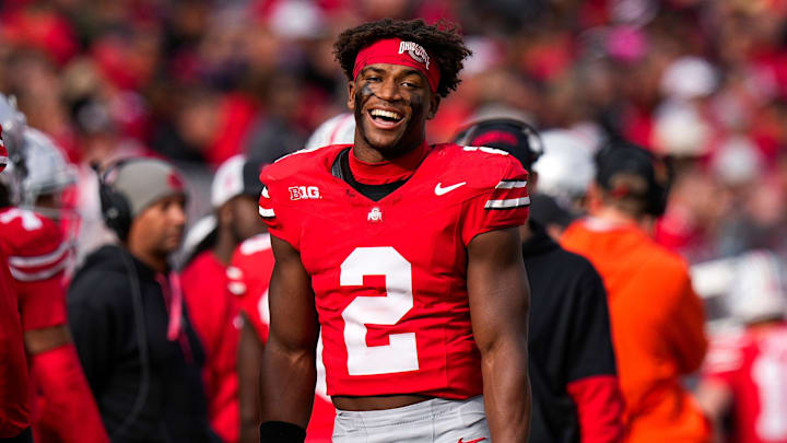 Ohio State safety Caleb Downs smiles during a game against Purdue. Ohio State safety Caleb Downs smiles during a game against Purdue.