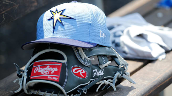 Mar 23, 2017; Port Charlotte, FL, USA; Tampa Bay Rays hat and glove lay in the dugout at Charlotte Sports Park Mar 23, 2017; Port Charlotte, FL, USA; Tampa Bay Rays hat and glove lay in the dugout at Charlotte Sports Park