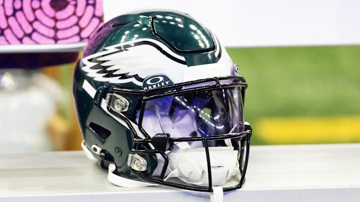 Feb 9, 2025; New Orleans, LA, USA; Detailed view of a Philadelphia Eagles helmet during Super Bowl LIX at Ceasars Superdome. Mandatory Credit: Mark J. Rebilas-Imagn Images