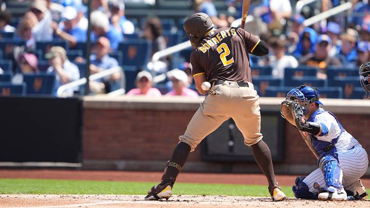 Aug 19, 2026; New York City, New York, USA; San Diego Padres shortstop Xander Bogaerts (2) gets hit by a pitch during the second inning against the New York Mets at Citi Field. Mandatory Credit: Gregory Fisher-Imagn Images Aug 19, 2026; New York City, New York, USA; San Diego Padres shortstop Xander Bogaerts (2) gets hit by a pitch during the second inning against the New York Mets at Citi Field. Mandatory Credit: Gregory Fisher-Imagn Images