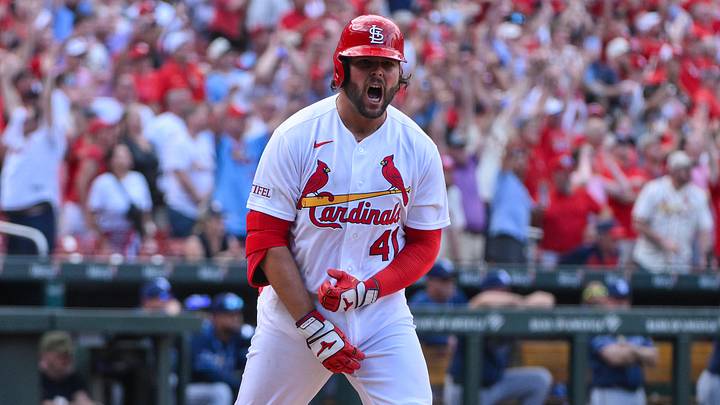 Mar 26, 2026; St. Louis, Missouri, USA; St. Louis Cardinals first baseman Alec Burleson (41) reacts after hitting a go ahead two run home run against the Tampa Bay Rays during the sixth inning at Busch Stadium. Mandatory Credit: Jeff Curry-Imagn Images