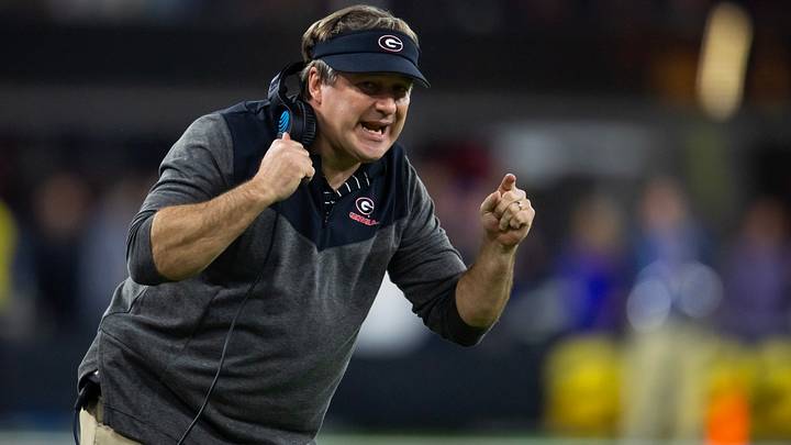 Jan 9, 2023; Inglewood, CA, USA; Georgia Bulldogs head coach Kirby Smart reacts against the TCU Horned Frogs during the CFP national championship game at SoFi Stadium. Mandatory Credit: Mark J. Rebilas-USA TODAY Sports