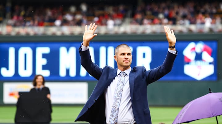 Jun 15, 2019; Minneapolis, MN, USA; Minnesota Twins former player Joe Mauer acknowledges the crowd during Mauer's number retirement ceremony before the start of a game against the Kansas City Royals at Target Field. Mandatory Credit: David Berding-Imagn Images Jun 15, 2019; Minneapolis, MN, USA; Minnesota Twins former player Joe Mauer acknowledges the crowd during Mauer's number retirement ceremony before the start of a game against the Kansas City Royals at Target Field. Mandatory Credit: David Berding-Imagn Images