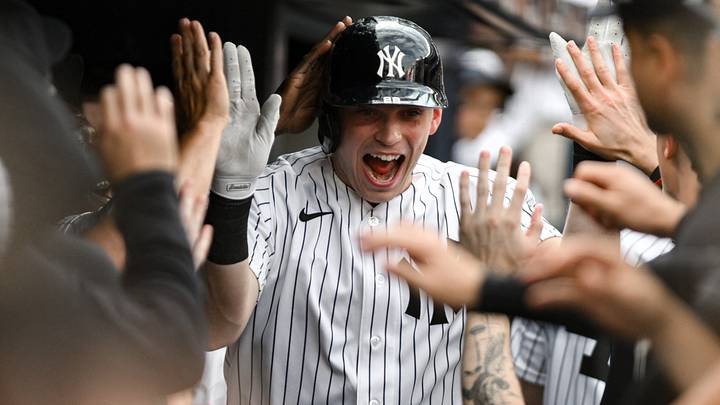 Aug 8, 2026; Bronx, New York, USA; New York Yankees first baseman Ben Rice (22) is greeted by teammates in the dugout after hitting a solo home run against the Atlanta Braves during the eighth inning at Yankee Stadium. Mandatory Credit: John Jones-Imagn Images Aug 8, 2026; Bronx, New York, USA; New York Yankees first baseman Ben Rice (22) is greeted by teammates in the dugout after hitting a solo home run against the Atlanta Braves during the eighth inning at Yankee Stadium. Mandatory Credit: John Jones-Imagn Images