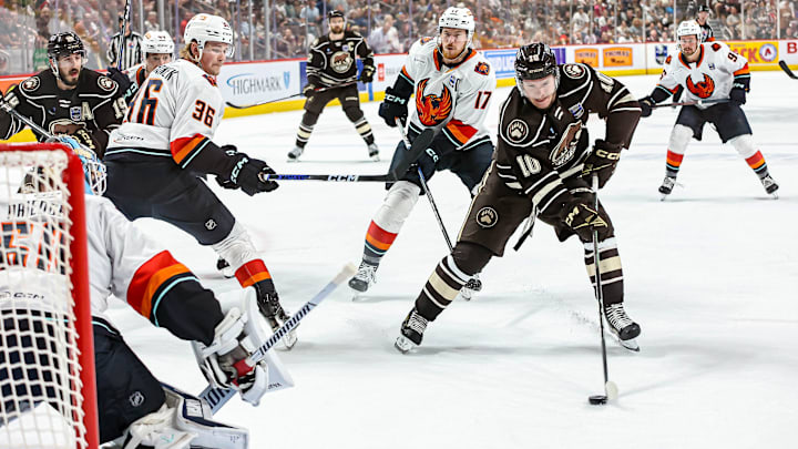 Ivan Miroshnichenko (10) takes the puck deep into Firebirds territory. The Hershey Bears hosted the Coachella Valley Firebirds Game 6 of the Calder Cup Finals at Giant Center on Monday June 24, 2024. The Bears defeated the Firebirds, 5-4 in OT to claim their 13th Calder Cup Championship and their second in a row.