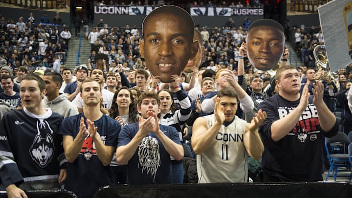 Jan 10, 2015; Hartford, CT, USA; Connecticut Huskies fans cheer on their team against the Cincinnati Bearcats during the second half at The XL Center.  The Huskies won 62-56. Mandatory Credit: Gregory J. Fisher-Imagn Images