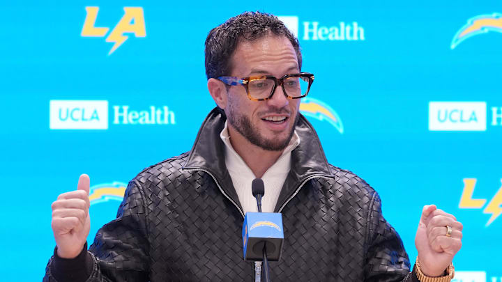 January 27, 2026; El Segundo, California, USA; Los Angeles Chargers offensive coordinator Mike McDaniel speaks at introductory press conference at The Bolt. Mandatory Credit: Kirby Lee-Imagn Images