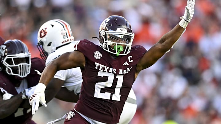 Sep 27, 2025; College Station, Texas, USA; Texas A&M Aggies linebacker Taurean York (21) defends in coverage against the Auburn Tigers during the fourth quarter at Kyle Field. Mandatory Credit: Maria Lysaker-Imagn Images 