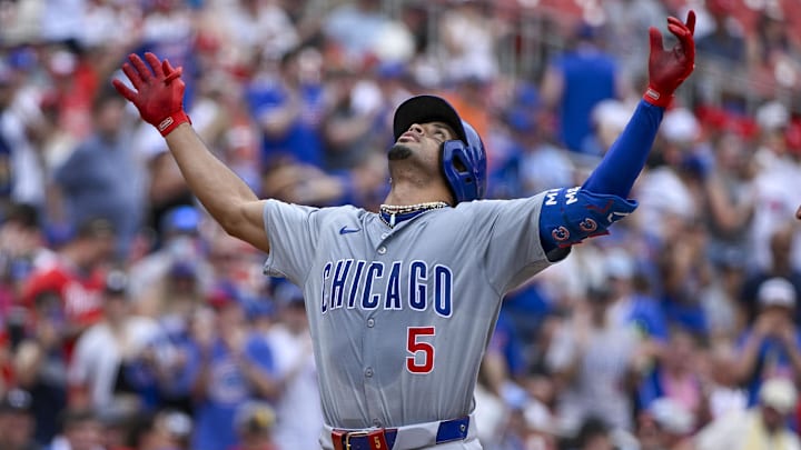 Jul 14, 2024; St. Louis, Missouri, USA; Chicago Cubs designated hitter Christopher Morel (5) reacts as he runs the bases after hitting a solo home run against the St. Louis Cardinals during the eighth inning at Busch Stadium. Jul 14, 2024; St. Louis, Missouri, USA; Chicago Cubs designated hitter Christopher Morel (5) reacts as he runs the bases after hitting a solo home run against the St. Louis Cardinals during the eighth inning at Busch Stadium.
